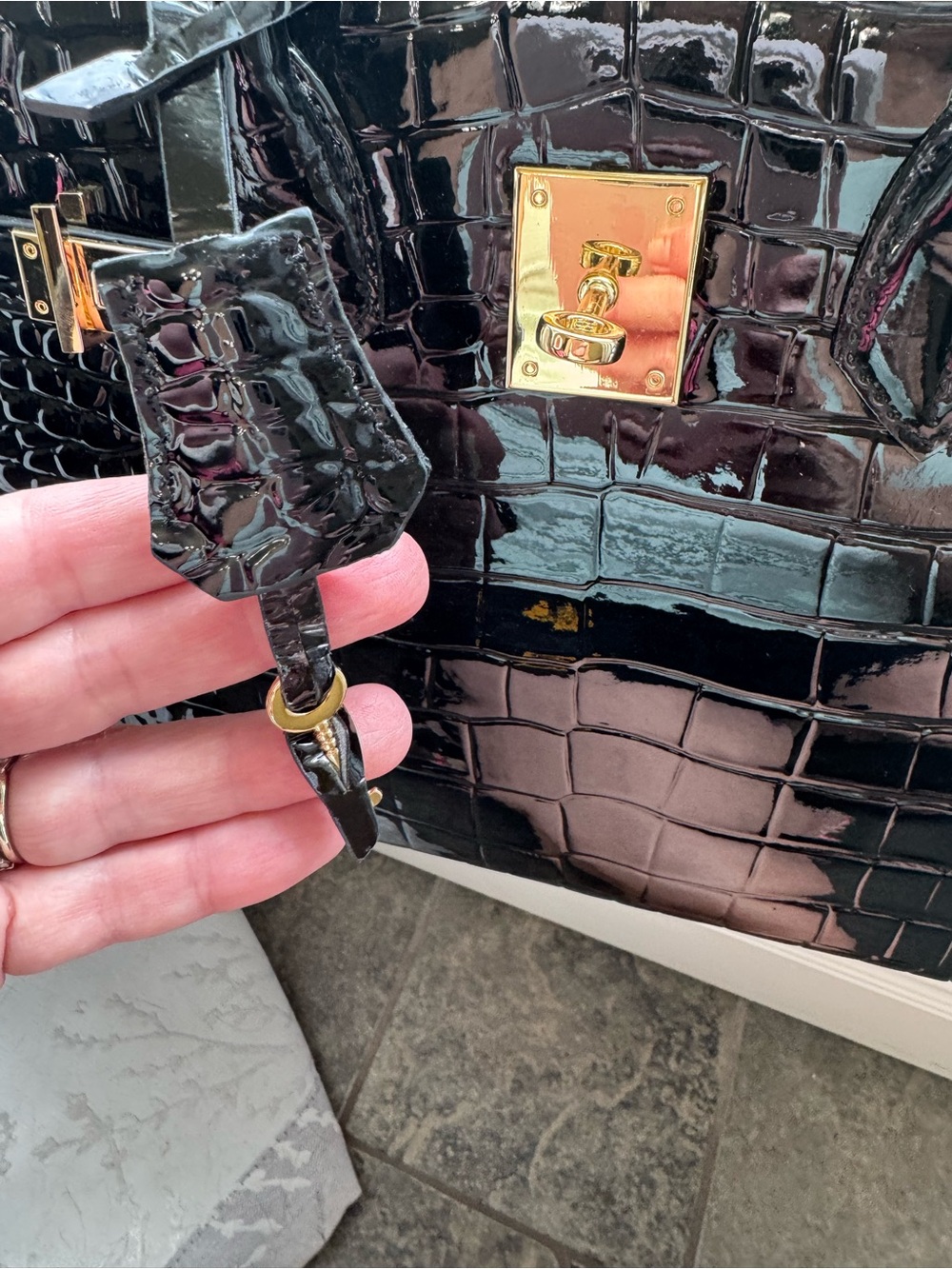Classic Black Croc-Embossed Satchel with Gold Hardware - Picture 8 of 11